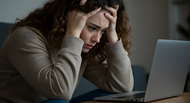 Frustrated, overwhelmed young woman gripping head while staring at laptop screen, feeling anxiety, exhaustion, and confusion over unexpected error.