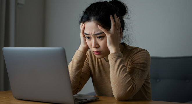 Frustrated, overwhelmed young woman gripping head while staring at laptop screen, feeling anxiety, exhaustion, and confusion over unexpected error.