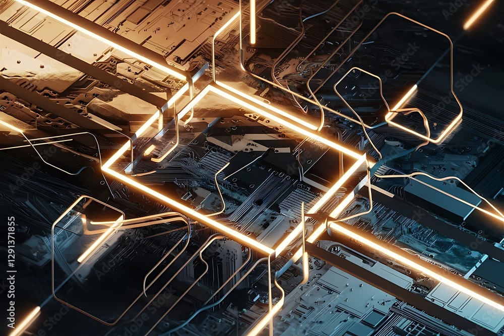 Poster background texture with glowing frames and splines for themes of science computers and technology