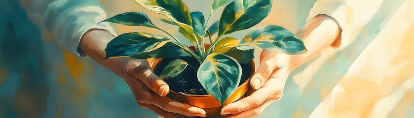 Authentic hands holding eco-conscious potted plant in sunlight vitality captured nature's embrace close-up view