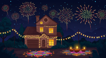 Fototapeta premium Diwali Night Celebration with Illuminated House and Fireworks