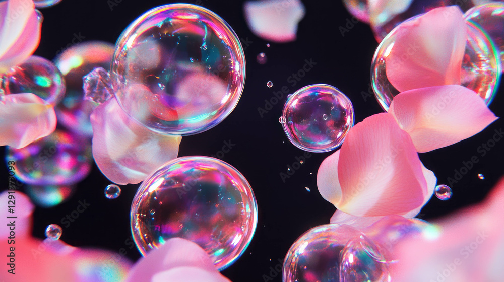 Poster Abstract background with iridescent bubbles and floating petals for creative design