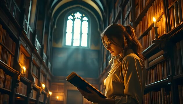 Young woman reading a book in a dimly lit historic library with candles
