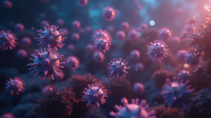 Fototapeta premium Colorful microscopic viruses floating in surreal underwater environment, showcasing intricate details and vibrant hues