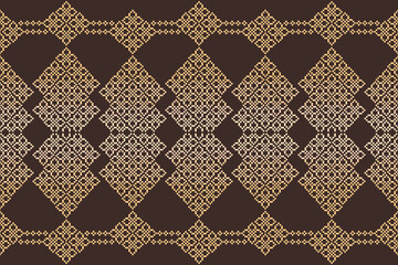 Fabric pattern traditional ethnic motif ikat geometric cross stitch.Ikat embroidery Ethnic oriental Pixel brown color label background. Abstract,vector. Texture,decoration,wallpaper.