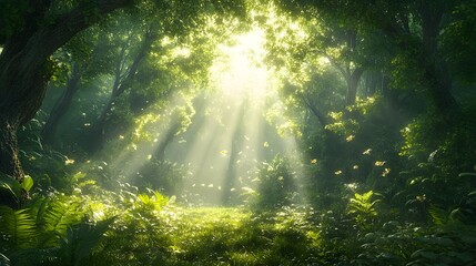 Authentic eco-conscious vitality in a lush green forest nature scene sunlight filtering through leaves