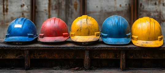 Assorted colorful hard hats piled on a surface. Workplace safety theme,