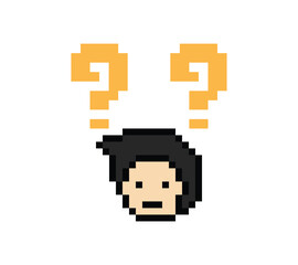 Cute pixel cartoon character man with question mark decoration 8 bit male boy confused idea question mark quiz questionnaire choose cartoon pixel game 8bit png vector.