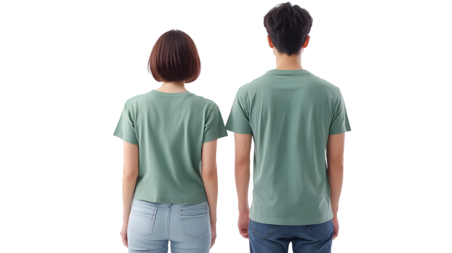 Portrait of a young beautiful woman short hair and handsome man korean wearing a green T-shirt and jeans, back view, mockup template design