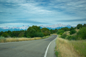 Highway crossing patagonian forest landscape, rio negro, argentina