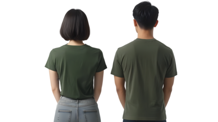Portrait of a young beautiful woman short hair and handsome man korean wearing a green T-shirt and jeans, back view, mockup template design