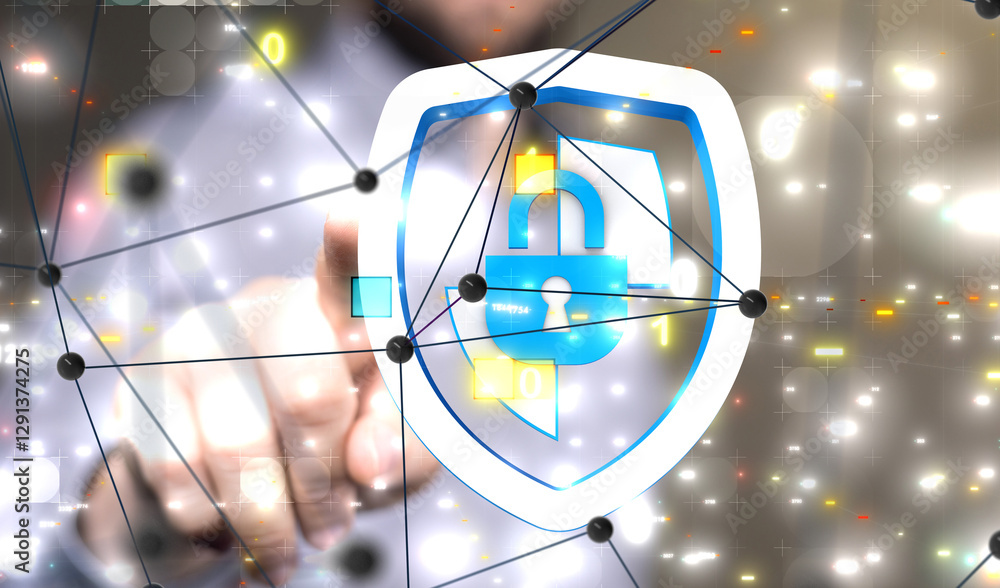Poster cybersecurity and information or network protection. future technology