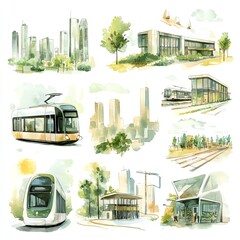 Obraz premium Sustainable urban development Watercolor transport illustrations and cityscapes