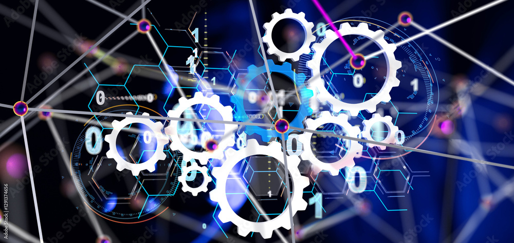 Poster Neural network 3D illustration. Big data and cybersecurity - 3d