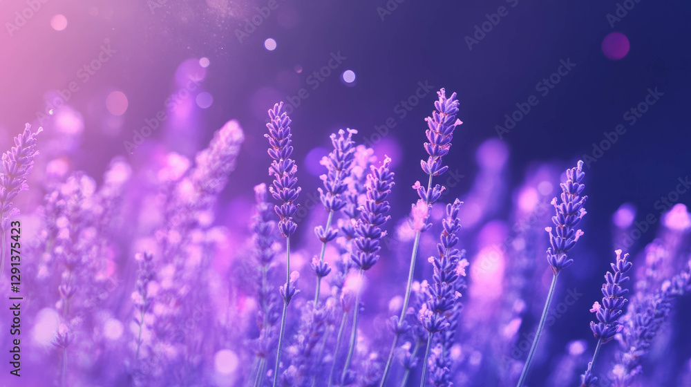Poster tranquil lavender field with soft purple bokeh for relaxation design