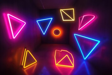 Fototapeta premium Geometric shapes glowing with vibrant neon light, floating in a dark void