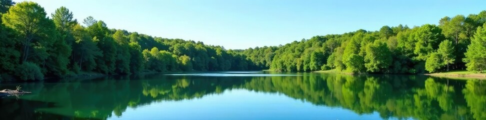 Fototapeta premium Dense forest of trees reflected in a clear blue sky, nature, serene