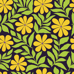 Fototapeta premium Seamless pattern with hand drawn yellow flowers and leaves on dark blue background. Modern botanical print for fabric, cover, card, flyer. Vector illustration