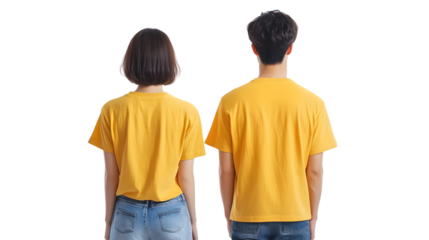Portrait of a young beautiful woman short hair and handsome man korean wearing a yellowT-shirt and jeans, back view, mockup template design