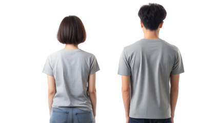 Portrait of a young beautiful woman short hair and handsome man korean wearing a gray T-shirt and jeans, back view, mockup template design