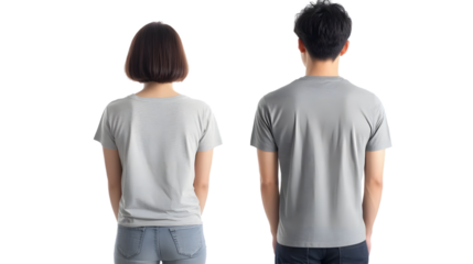 Portrait of a young beautiful woman short hair and handsome man korean wearing a gray T-shirt and jeans, back view, mockup template design
