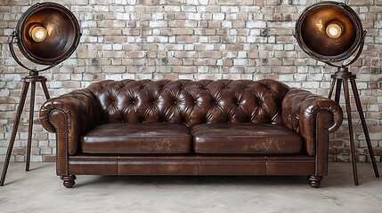 Leather sofa, brick wall, studio lights