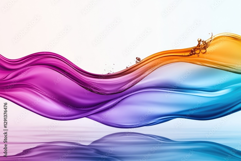 Poster colorful liquid wave flowing with reflection on white background