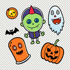 Fototapeta premium set of cute cartoon stickers. Halloween characters, pumpkin, ghost, witch broom and hat vector cartoon illustration isolated on white background