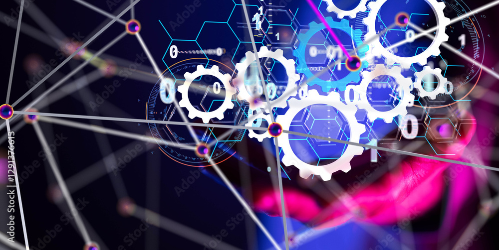Poster neural network 3d illustration. big data and cybersecurity - 3d