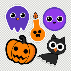 Fototapeta premium Halloween stickers with cute pumpkins, bats, candy, spooky ghost and spider, witches. editable vector stroke saddle icon on white background