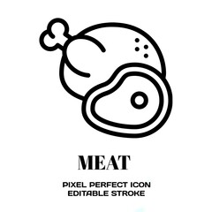 Meat symbol, featuring an editable stroke outline icon isolated on white background flat vector illustration. Pixel perfect