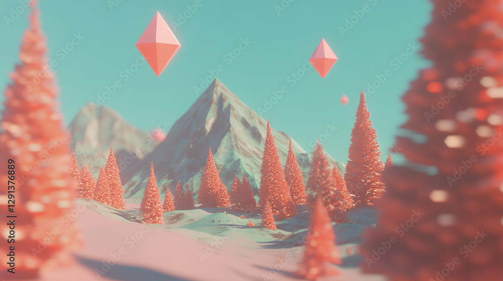 Poster Abstract low poly landscape with floating geometric shapes in a surreal forest