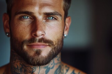 Portrait of attractive young man showing his tattoos and piercings