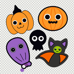 Fototapeta premium Halloween stickers with cute pumpkins, bats, candy, spooky ghost and spider, witches. editable vector stroke saddle icon on white background