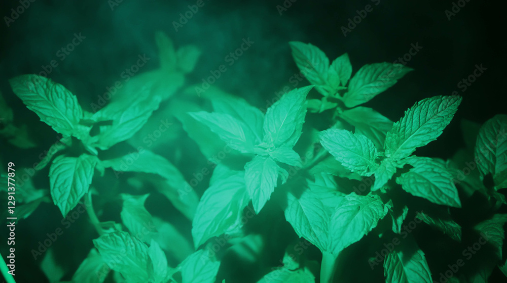 Poster fresh mint leaves with soft light creating a calm and refreshing atmosphere