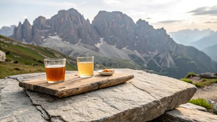 Rustic drinks enjoyed atop a natural stone slab with breathtaking mountain views at sunset in the Dolomites