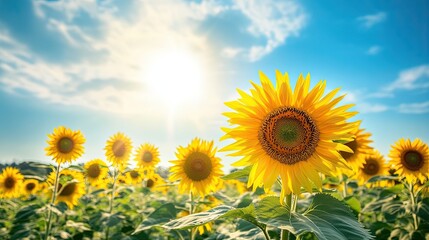 Obraz premium Bright sunflower blooming in sunlit field under clear blue sky with scattered clouds during summer
