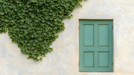 Green door, ivy-covered wall, sunny day, outdoor scene, home decor