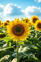 Fototapeta premium Bright sunflower blooming in green field under blue sky with fluffy white clouds during summer