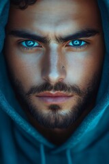 Portrait of serious young man wearing hoodie showing intense gaze