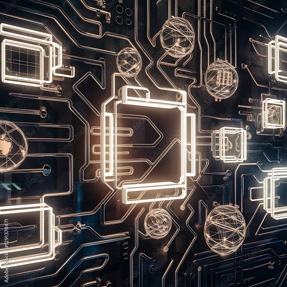 Poster background texture with glowing frames and splines for themes of science computers and technology
