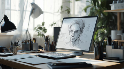 Office desk, charts sketched, planning, laptop, presentation, business meeting, office background, banner, laptop in office, Dark room with laptop, office desk with laptop