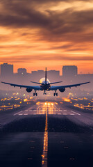 A plane is taking off from the airport runway at sunset
