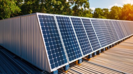 Solar panels on a rooftop harnessing sunlight, showcasing renewable energy technology in a natural setting.