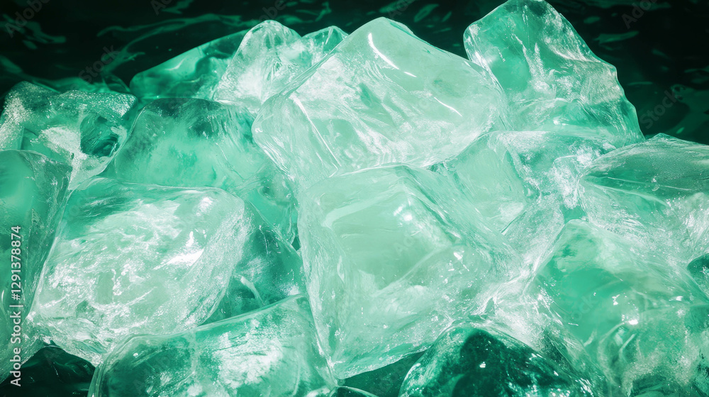 Poster mint light on ice cubes background for cool designs and refreshing themes