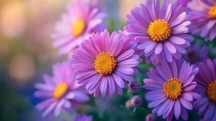 Purple daisy flowers blooming in summer garden