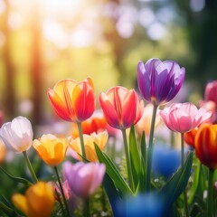 Fototapeta premium A close-up view of colorful spring flowers like tulips or daisies, with soft, blurred backgrounds of lush greenery. The vivid petals contrast with the gentle bokeh effect, evoking the warmth