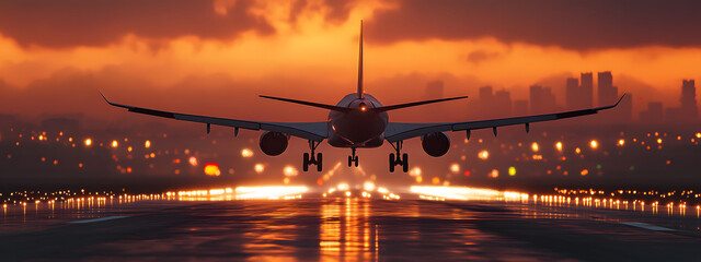 A plane is taking off from the airport runway at sunset
