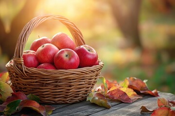 Wicker basket brimming with red apples in autumn sunlight