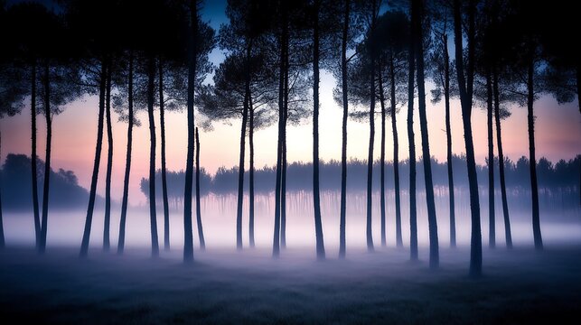 Foggy forest scene with tall trees during twilight hours